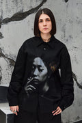 Wicked33 Velvet Ash oversized shirt in black with grey and sepia print, large vintage-inspired print with expressive detailing
