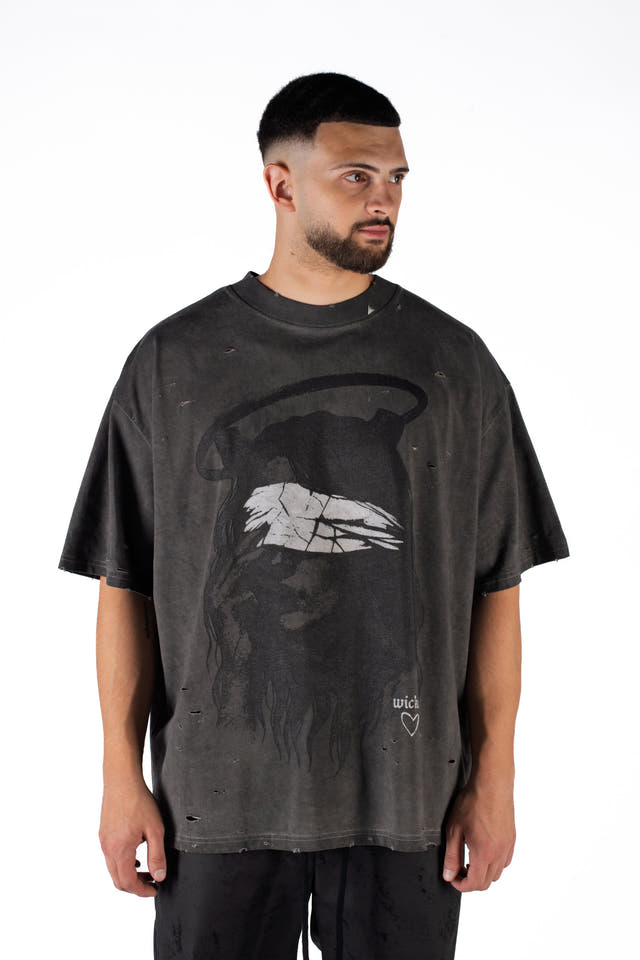 Wicked33 Veil oversized t-shirt in dark grey / washed black, bold front graphic print