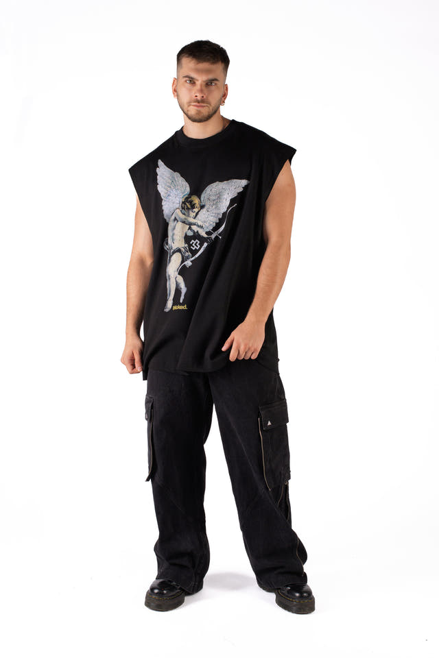 Wicked33 Vintage Angel oversized t-shirt in black, large front print, vintage style, worn-in look