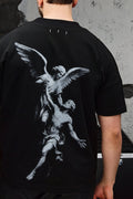 Wicked33 Ascend oversized t-shirt, large grayscale back print of baroque-style angel & man sculpture