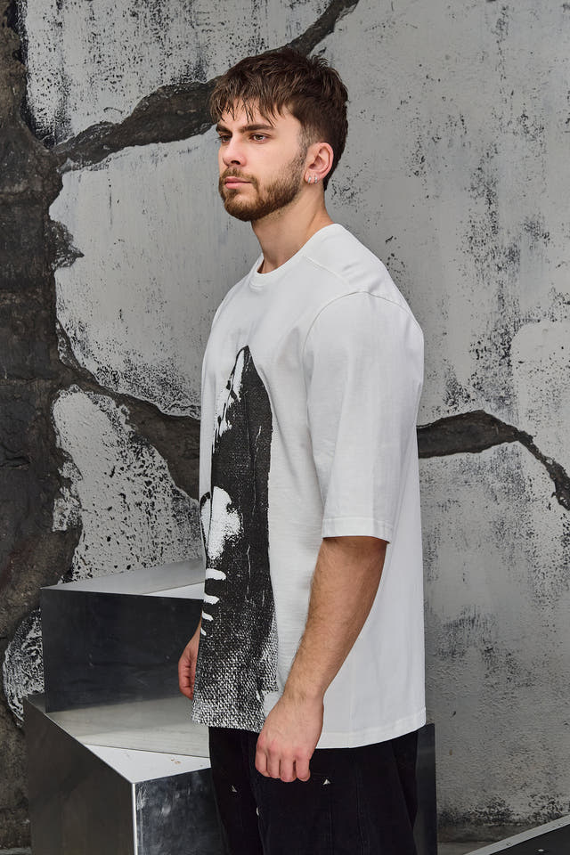 Wicked33 Grace oversized t-shirt in white / black, large graphic front print