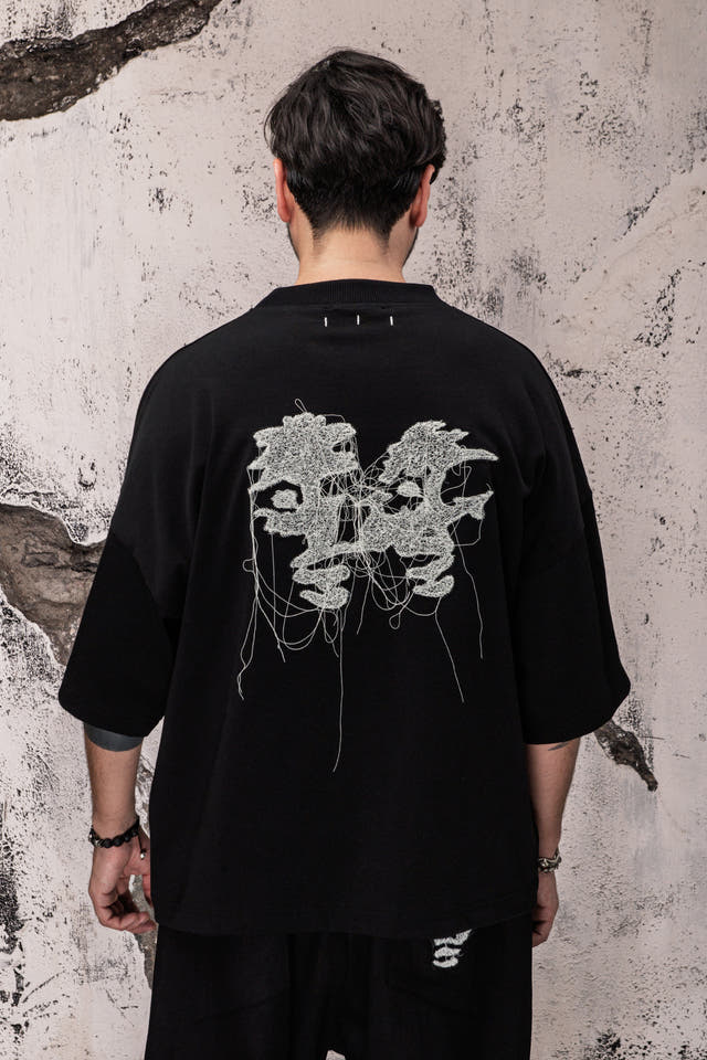 Wicked33 Twins oversized t-shirt, front portrait and dual portrait composition on the back