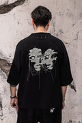 Wicked33 Twins oversized t-shirt, front portrait and dual portrait composition on the back