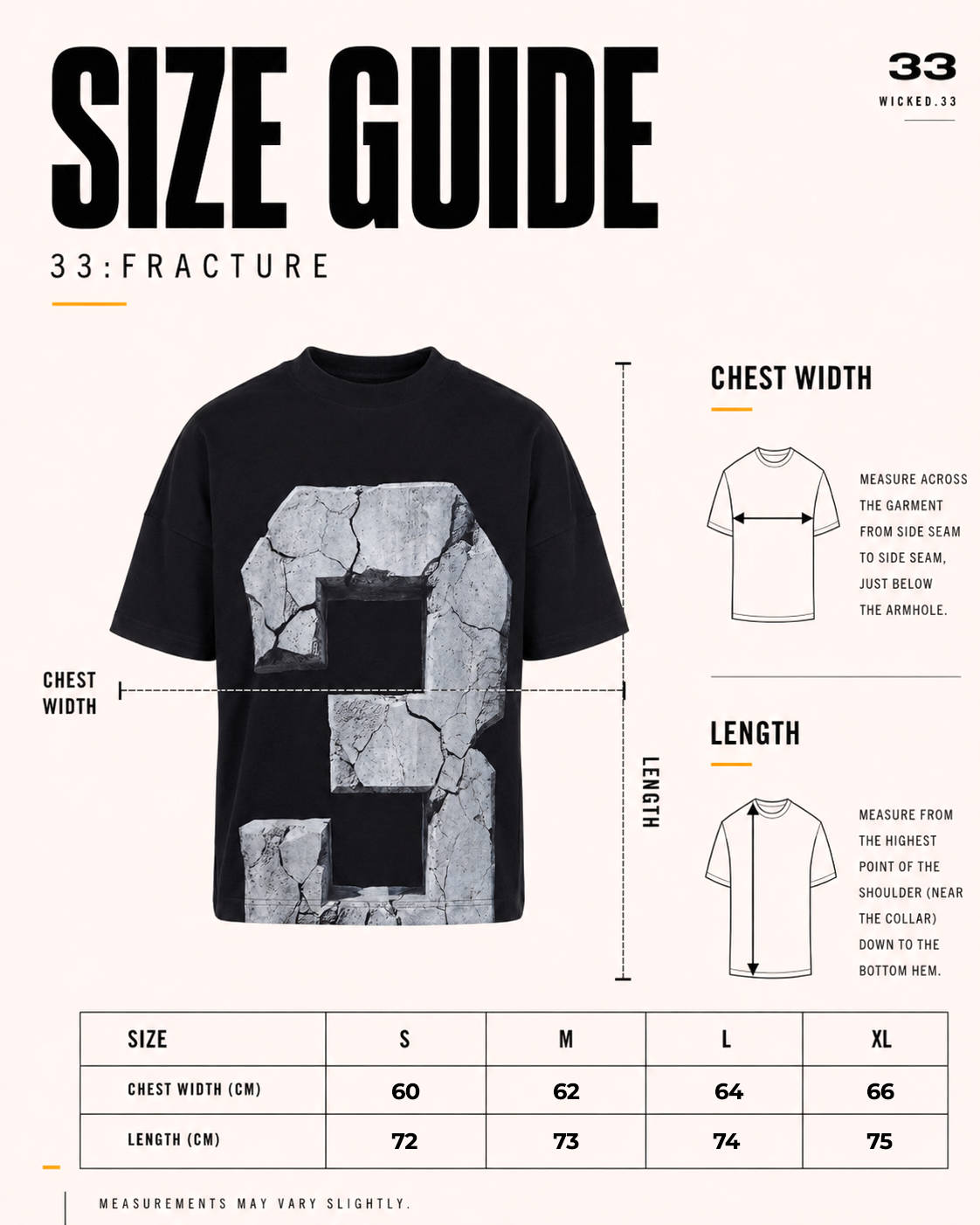 33:FRACTURE T-SHIRT size guide