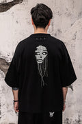 Wicked33 Presence oversized t-shirt, dual abstract embroidered portraits, front and back