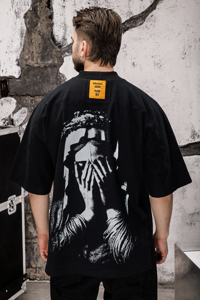 Wicked33 Prayer oversized t-shirt in black, subtle front print + large back graphic