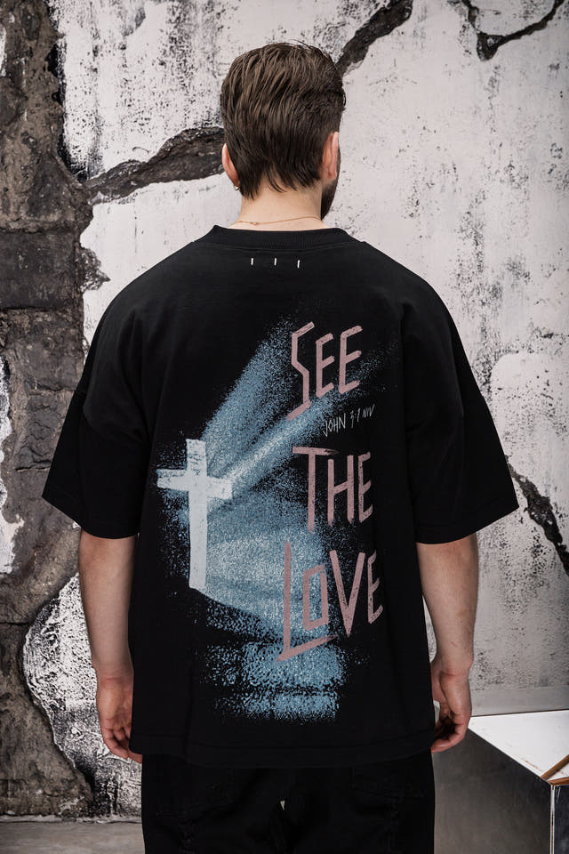 Wicked33 Divine oversized t-shirt in black, “WICKED LOVE” dusty pink text print on chest