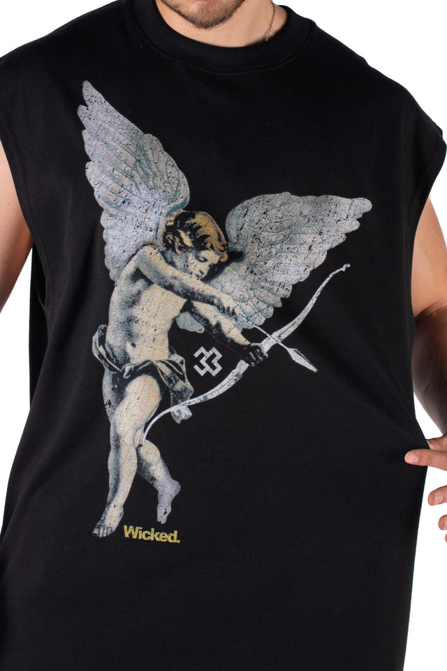 Wicked33 Vintage Angel oversized t-shirt in black, large front print, vintage style, worn-in look