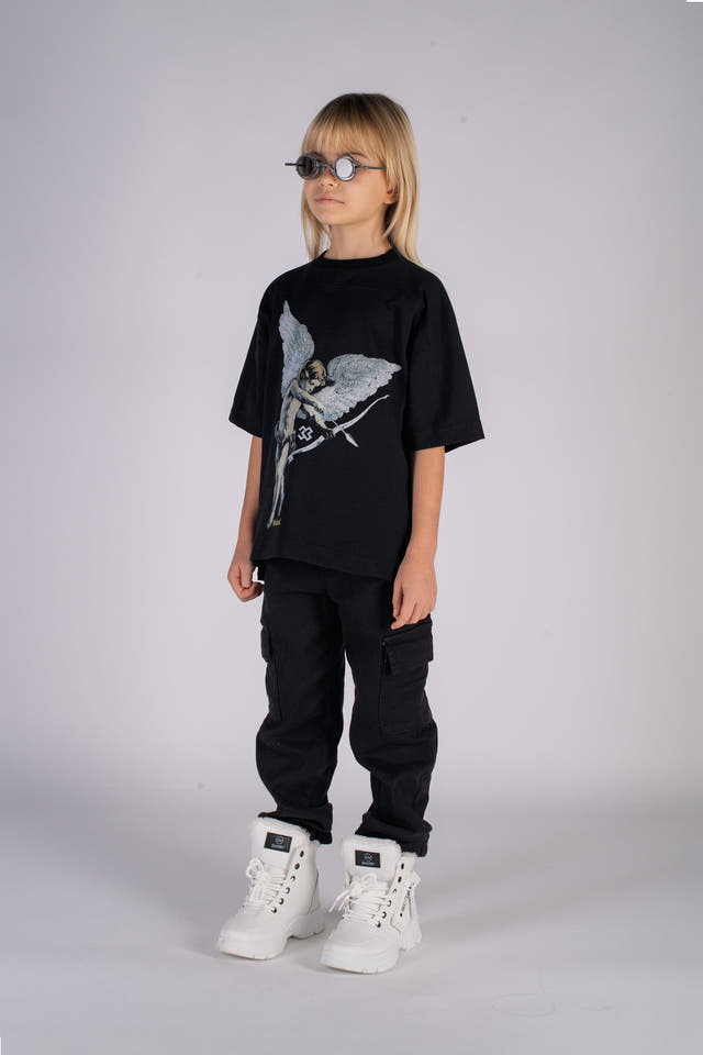 Wicked33 CUPID_33 oversized t-shirt in washed black, front cupid graphic artwork