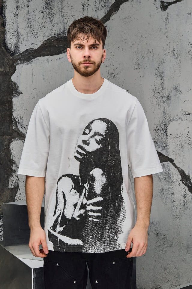 Wicked33 Grace oversized t-shirt in white / black, large graphic front print