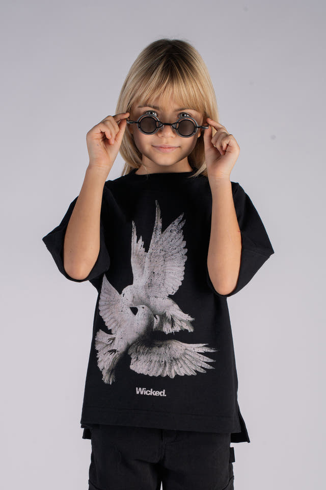 Wicked33 Doves oversized t-shirt in black, high-contrast front graphic artwork