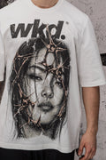 Wicked33 Spike oversized t-shirt in white, “wkd.” distressed text print on chest