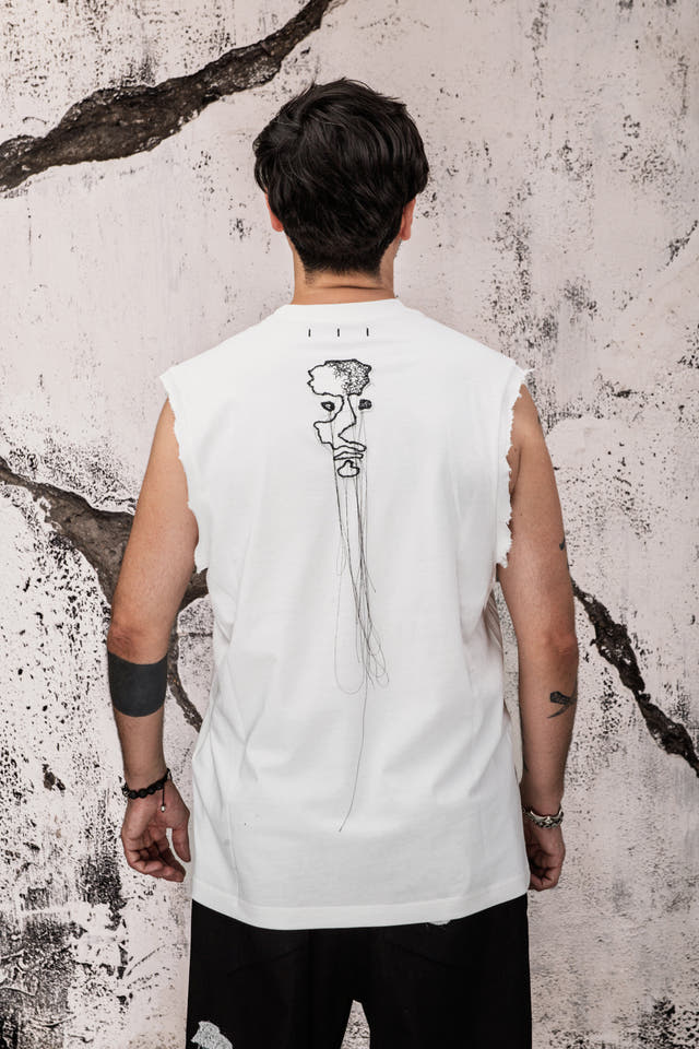 Wicked33 Split Self streetwear vest, dual portrait composition