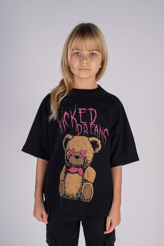 Wicked33 Dreams oversized t-shirt in black, oversized front print featuring teddy bear artwork and distorted