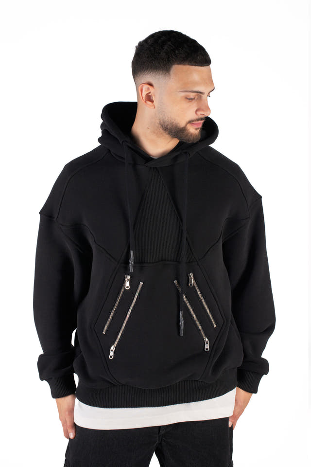Wicked33 Hexagon oversized hoodie in black, oversized fit with asymmetrical front zipper
