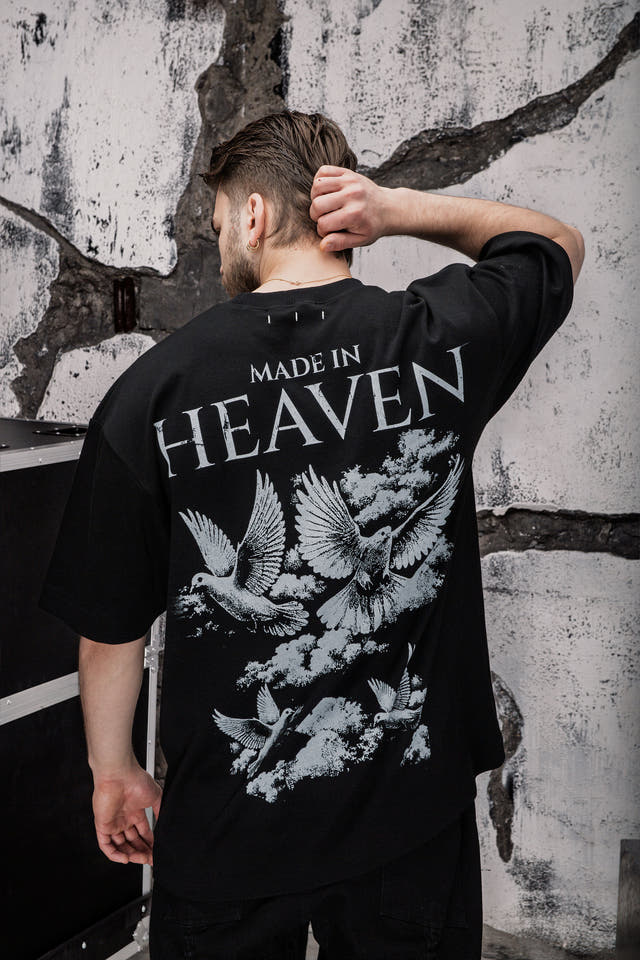 Wicked33 Heaven oversized t-shirt in black, graphic doves print on chest