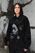 Wicked33 Velvet Ash oversized shirt in black with grey and sepia print, large vintage-inspired print with expressive detailing