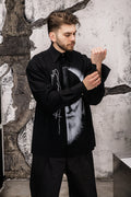 Wicked33 Icon oversized shirt in black, large vertical print integrated into construction