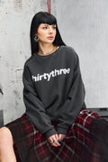 Wicked33 Thirtythree knit sweater in charcoal grey, large white “thirtythree” text print on chest