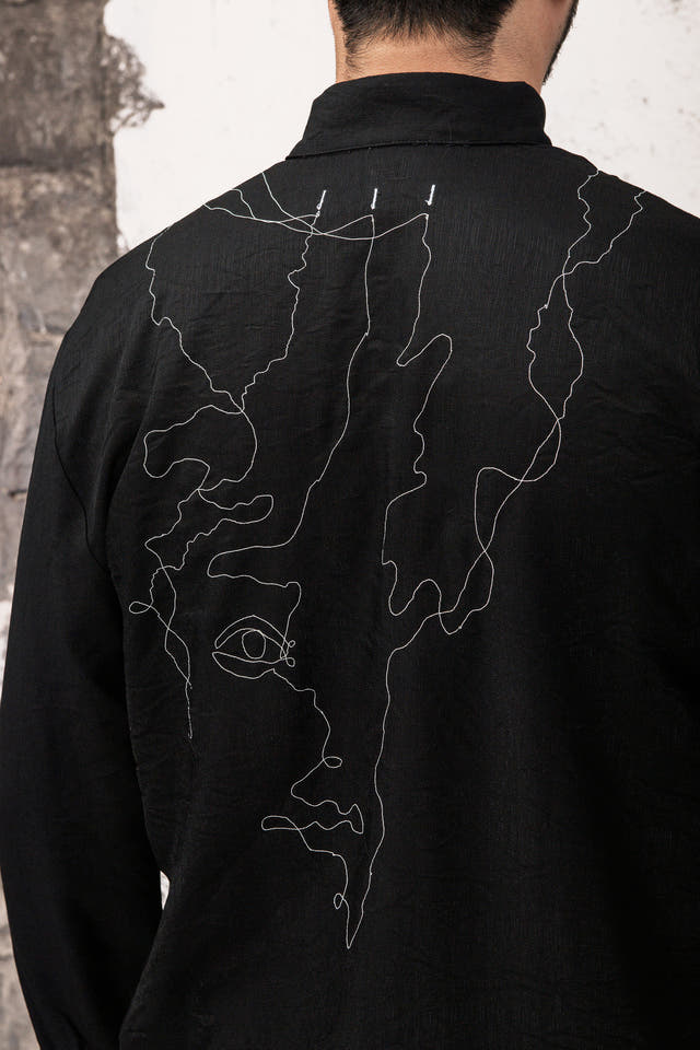 Wicked33 Silhouette oversized shirt, continuous-line embroidery, abstract portraits