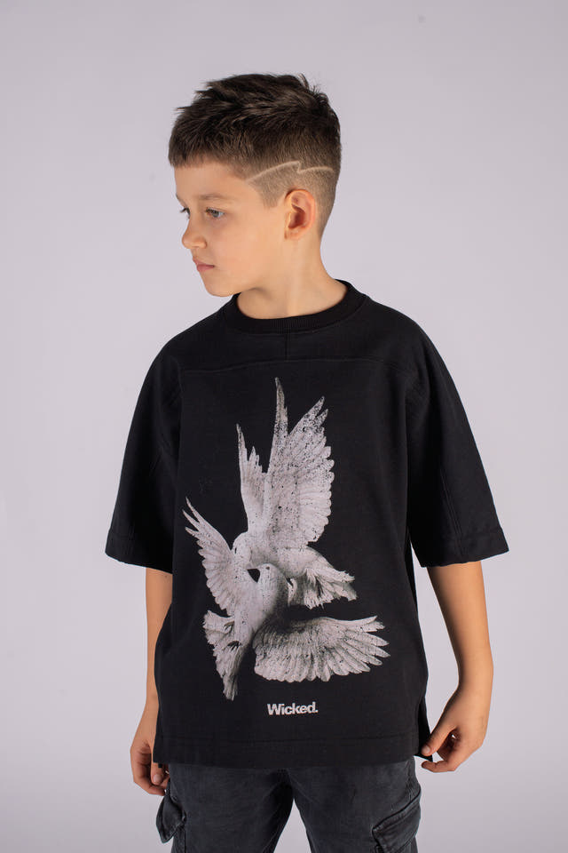 Wicked33 Doves oversized t-shirt in black, high-contrast front graphic artwork