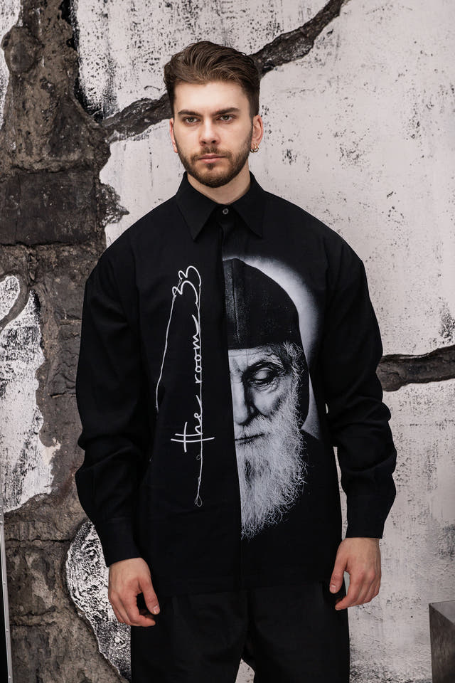 Wicked33 Icon oversized shirt in black, large vertical print integrated into construction