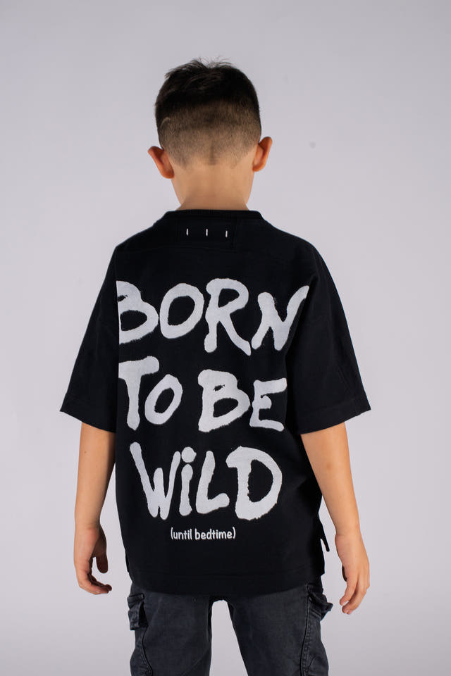 Wicked33 Born Wild oversized t-shirt in deep washed black, oversized back statement print