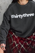 Wicked33 Thirtythree knit sweater in charcoal grey, large white “thirtythree” text print on chest