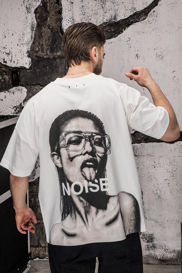 Wicked33 Noise oversized t-shirt in white, large back graphic + minimal front text