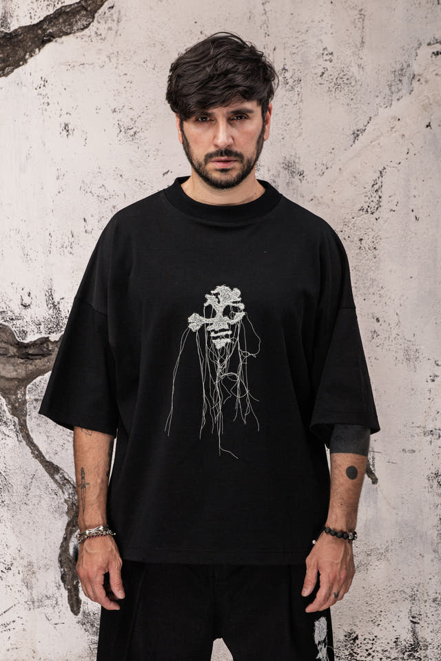 Wicked33 Twins oversized t-shirt, front portrait and dual portrait composition on the back