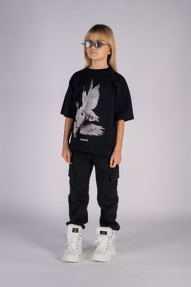 Wicked33 Doves oversized t-shirt in black, high-contrast front graphic artwork