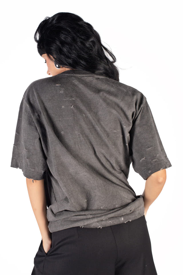 Wicked33 Burnout oversized t-shirt in dark grey / washed black, spray-effect front graphic