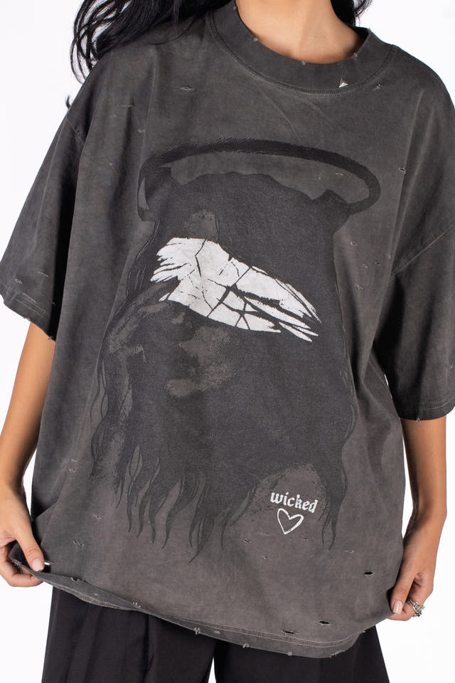 Wicked33 Veil oversized t-shirt in dark grey / washed black, bold front graphic print