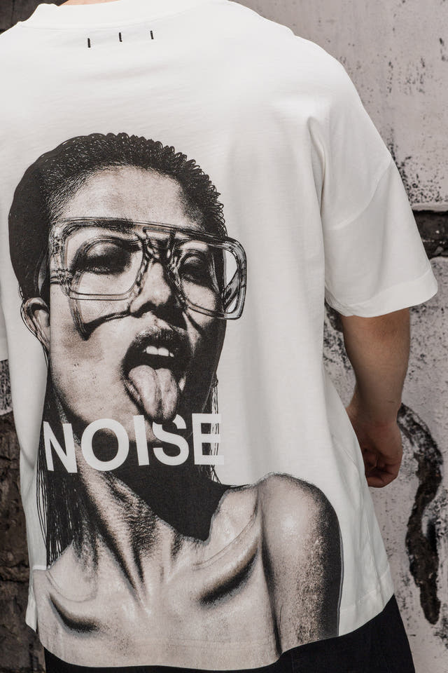 Wicked33 Noise oversized t-shirt in white, large back graphic + minimal front text