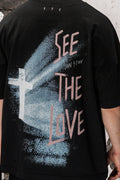 Wicked33 Divine oversized t-shirt in black, “WICKED LOVE” dusty pink text print on chest