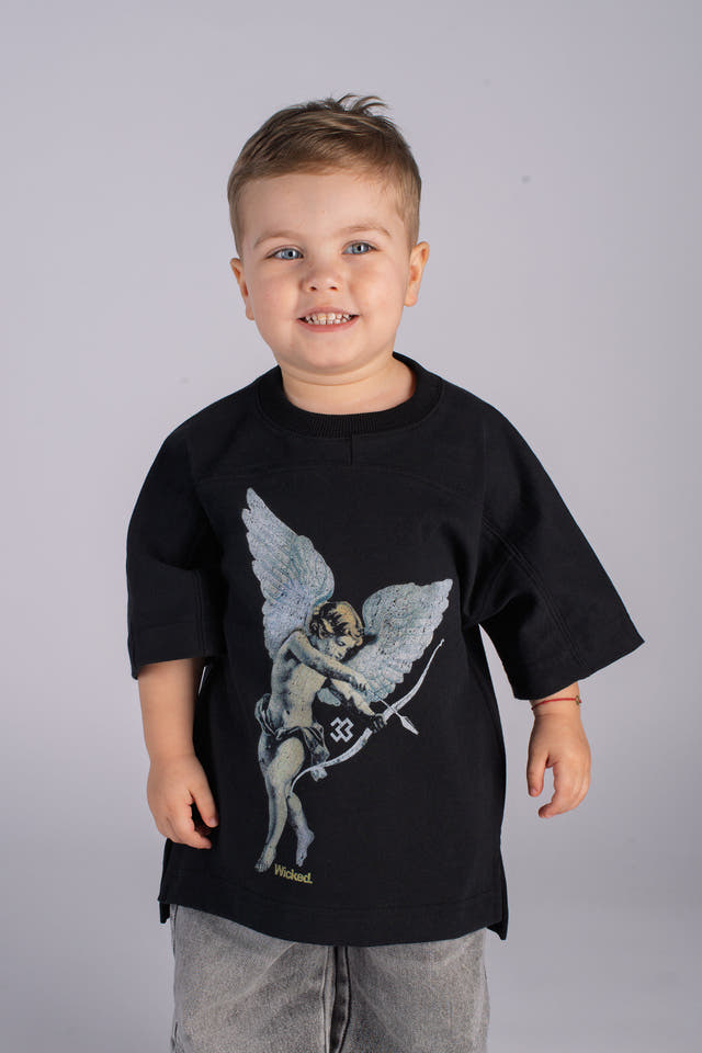 Wicked33 CUPID_33 oversized t-shirt in washed black, front cupid graphic artwork