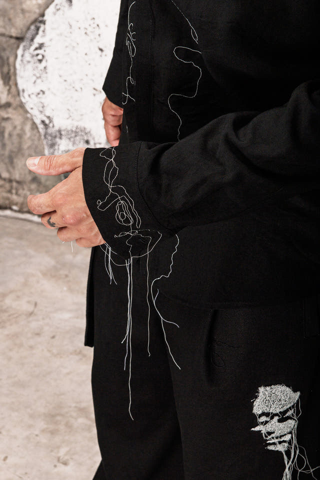 Wicked33 Silhouette oversized shirt, continuous-line embroidery, abstract portraits