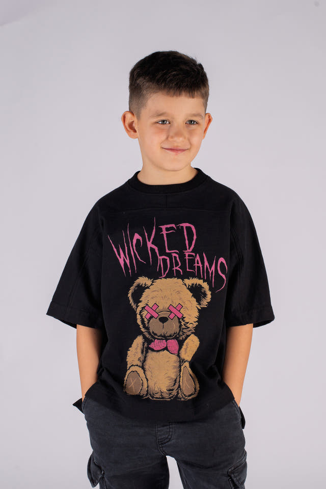 Wicked33 Dreams oversized t-shirt in black, oversized front print featuring teddy bear artwork and distorted