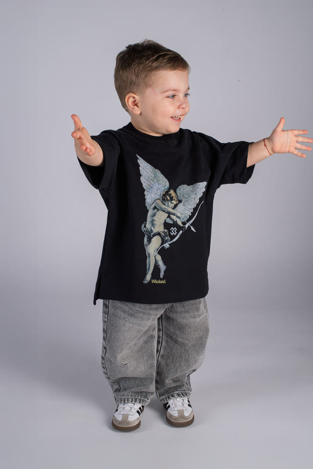 Wicked33 CUPID_33 oversized t-shirt in washed black, front cupid graphic artwork