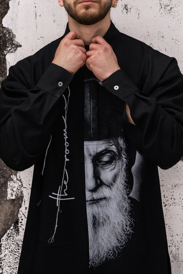 Wicked33 Icon oversized shirt in black, large vertical print integrated into construction