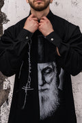 Wicked33 Icon oversized shirt in black, large vertical print integrated into construction