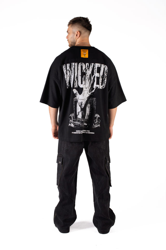 Wicked33 Transmission oversized t-shirt in black, large back print with vintage distressed effect