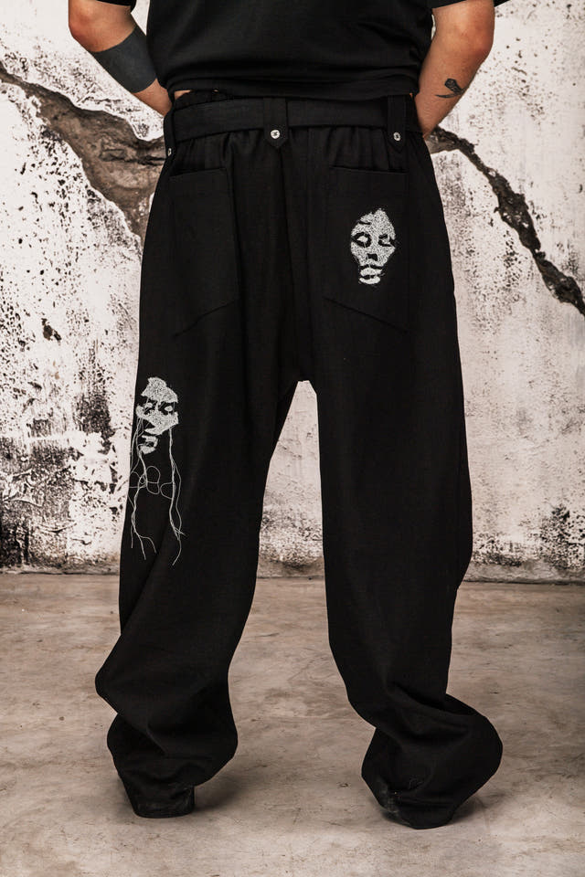 Wicked33 Mirror streetwear pants, handmade Artwork: Portraits created through free-motion stitching