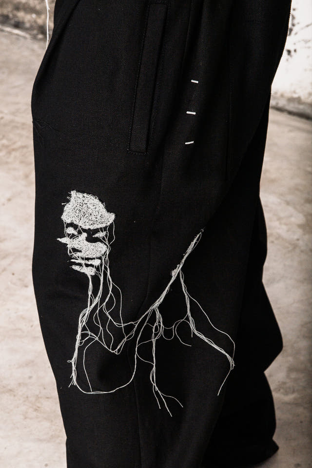 Wicked33 Mirror streetwear pants, handmade Artwork: Portraits created through free-motion stitching
