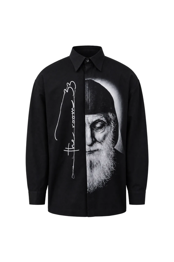 Wicked33 Icon oversized shirt in black, large vertical print integrated into construction