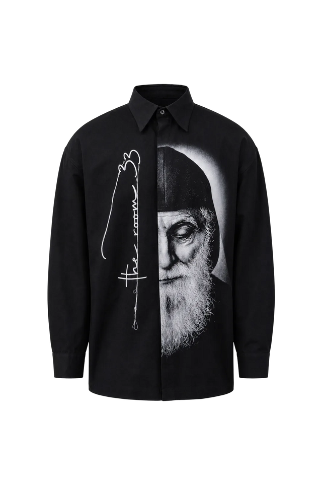 Wicked33 Icon oversized shirt in black, large vertical print integrated into construction