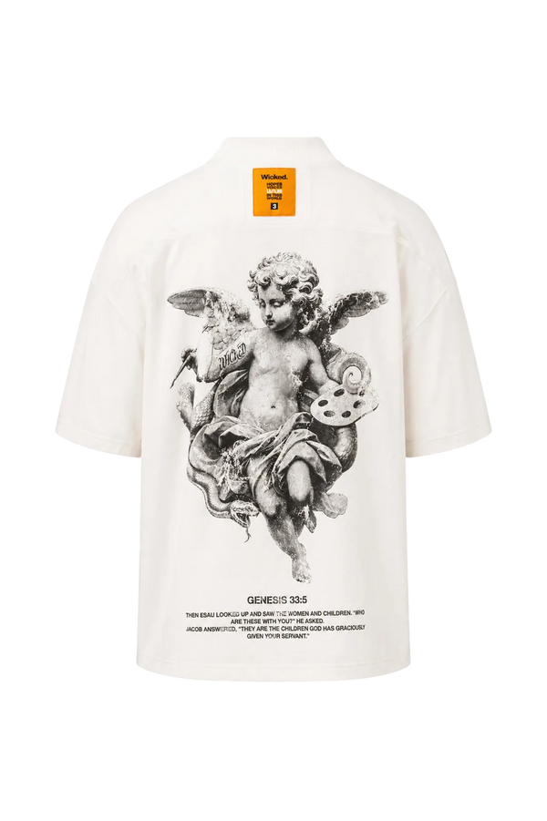 Wicked33 Genesis oversized t-shirt in off-white, back print + subtle front graphic