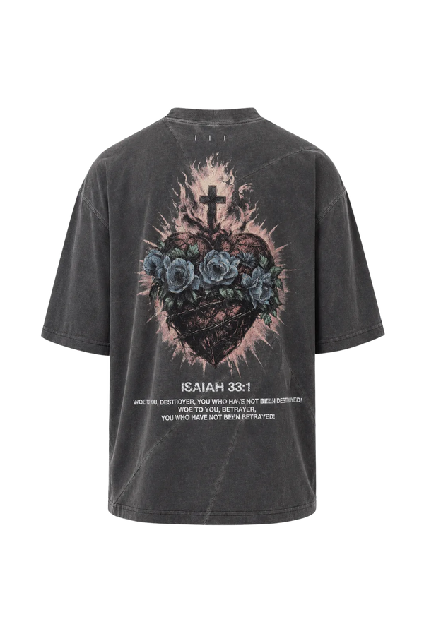 Wicked33 Betrayer oversized t-shirt in washed dark grey, back print: Large-scale centered graphic