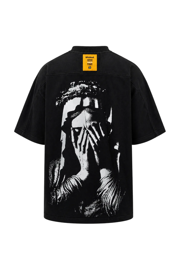 Wicked33 Prayer oversized t-shirt in black, subtle front print + large back graphic