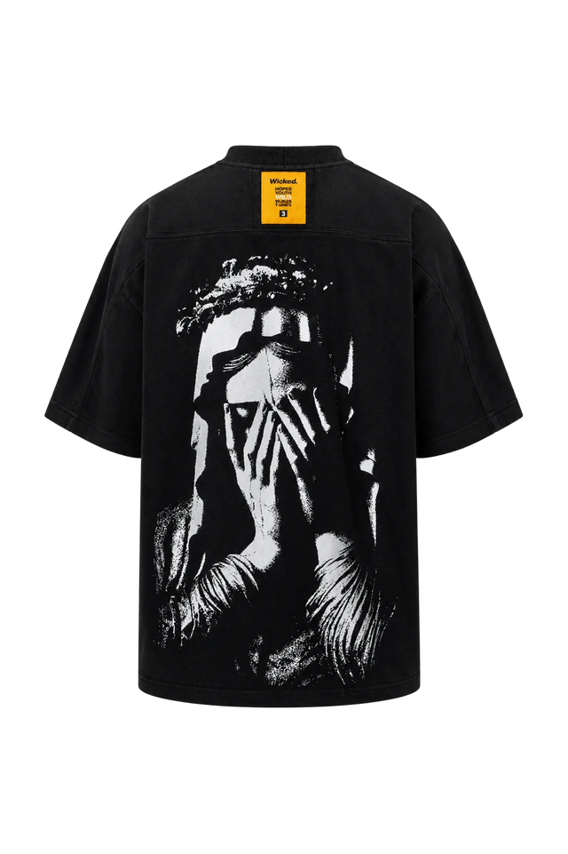 Wicked33 Prayer oversized t-shirt in black, subtle front print + large back graphic